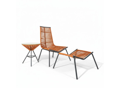 Modern set for your garden consists of an armchair, ottoman, and side table.