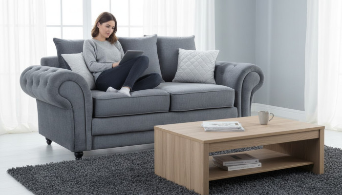 Gray Chesterfield couch upholstery furniture fabric couches sofas two-seater