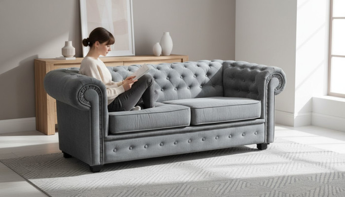 Gray Chesterfield sofa cushion furniture two-seater couches sofas fabric textile
