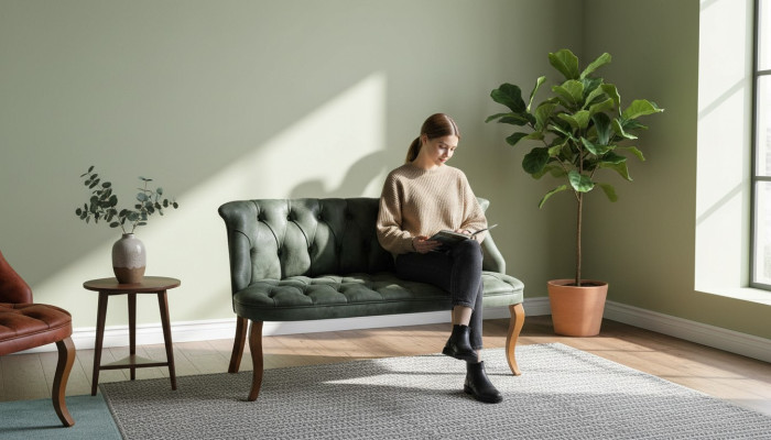 Green two-seater Chesterfield sofa in faux leather for living room