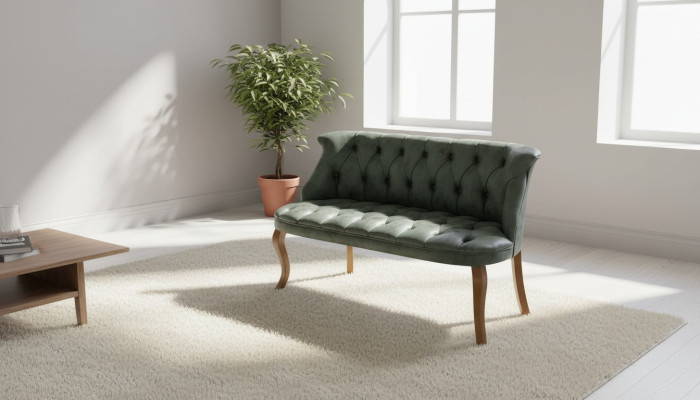 Green two-seater Chesterfield sofa in faux leather for living room