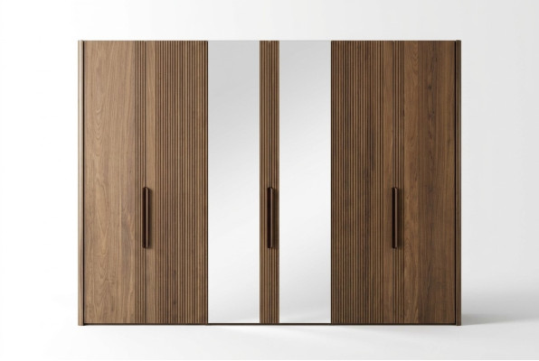 Large brown wardrobe bedroom closet with mirror cabinets