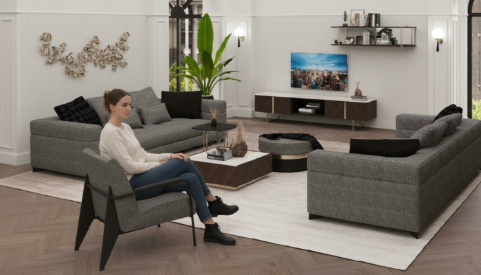 Gray armchair, stainless steel legs, modern living room furniture, armchair, sofa, couch