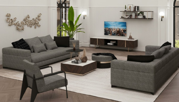 Gray armchair, stainless steel legs, modern living room furniture, armchair, sofa, couch