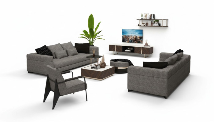 Gray armchair, stainless steel legs, modern living room furniture, armchair, sofa, couch