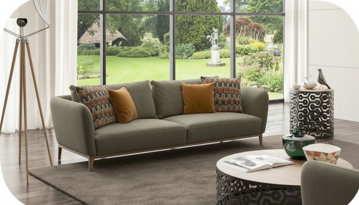 Olive green three-seater modern living room couch seating furniture sofa.