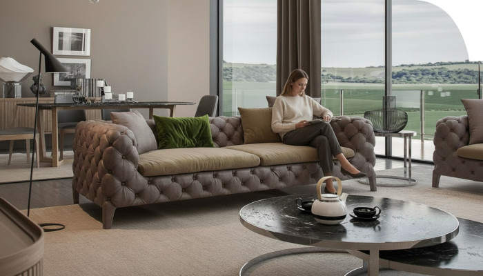 Taupe Chesterfield Three-Seater Luxury Modern Sofa Style Living Room Furniture