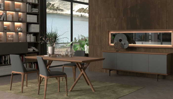 Luxury dining room furniture set with dining table, chairs, sideboard, and mirror