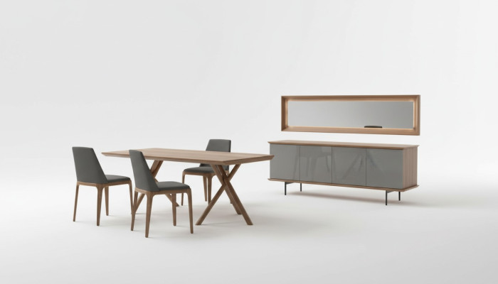 Luxury dining room furniture set with dining table, chairs, sideboard, and mirror