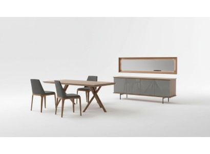 Luxury dining room furniture set with dining table, chairs, sideboard, and mirror