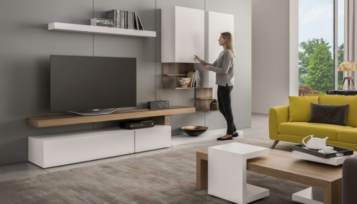 White living room furniture, modern wall cabinets, wall shelves, TV stand, sideboard