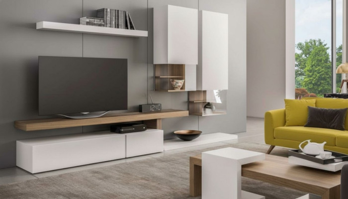 White living room furniture, modern wall cabinets, wall shelves, TV stand, sideboard