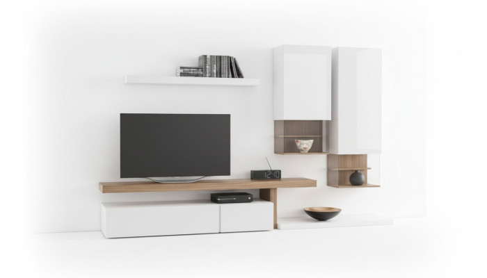White living room furniture, modern wall cabinets, wall shelves, TV stand, sideboard