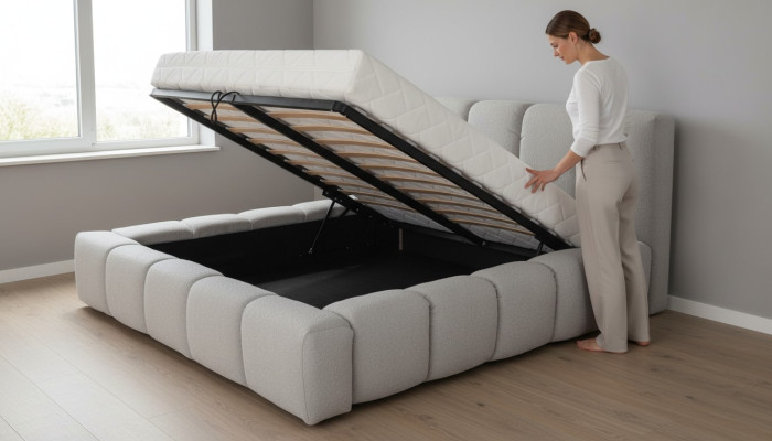 Bed grey double bedroom luxury design elegant upholstery fabric new
