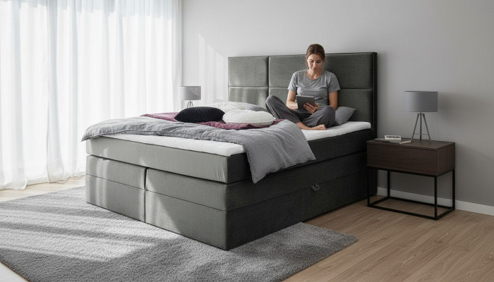 Gray stylish double bedroom wooden furniture design elegant upholstery fabric