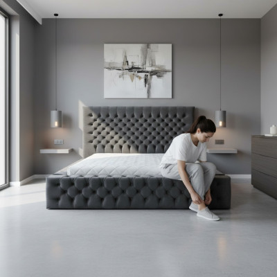 Chesterfield Grey Double Bedroom Wooden Furniture Design Elegant Upholstery Fabric