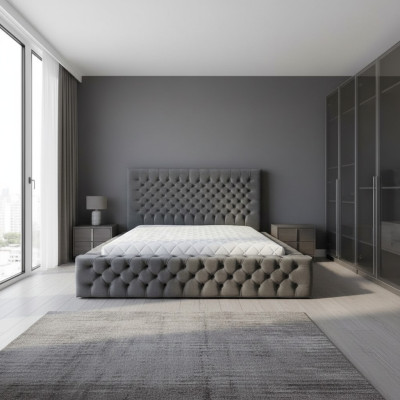 Chesterfield Grey Double Bedroom Wooden Furniture Design Elegant Upholstery Fabric