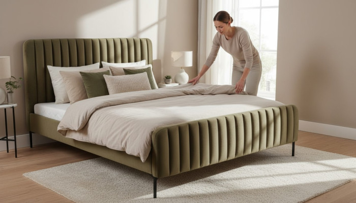 Green double bedroom wooden furniture design elegant fabric classic furniture