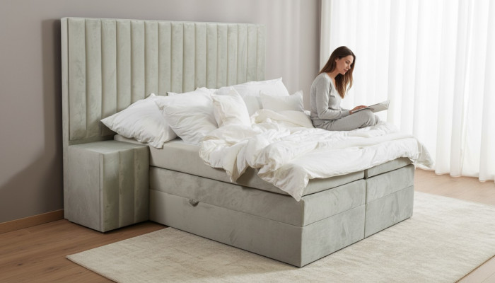 Modern taupe double bed 2x bedside tables bedroom box spring bed