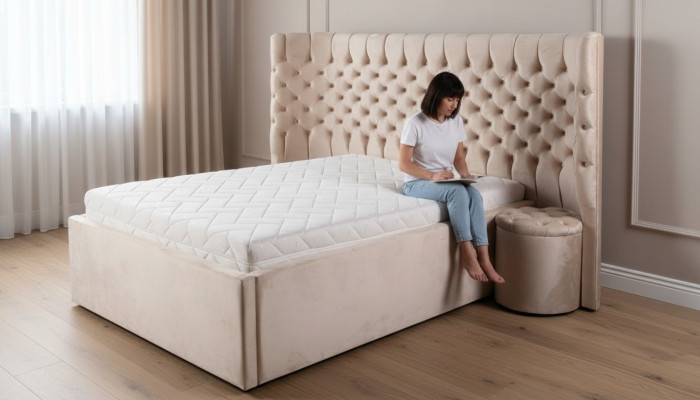 Beige Chesterfield double bed modern bedroom furniture luxury beds