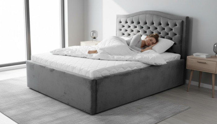 Gray Chesterfield bed Classic bedroom furniture design Elegant fabric
