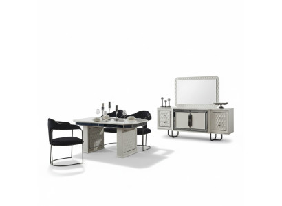 Dining room set: dining table, 4x chairs, table, armchair, sideboard, mirror, 7-piece set