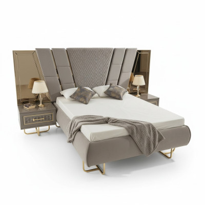 Luxury bed hotel beds with 2x nightstands gold shiny furniture bedroom