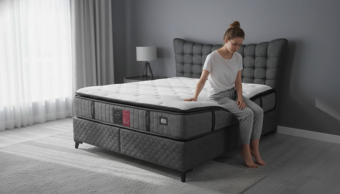 Box spring bed luxury double bed incl. mattress with checkered pattern gray
