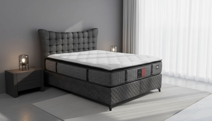 Box spring bed luxury double bed incl. mattress with checkered pattern gray