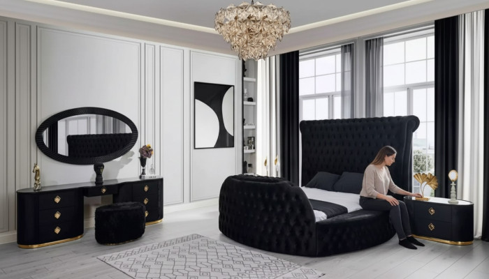 Bedroom black set bed 2x nightstands dressing table Chesterfield 5-piece