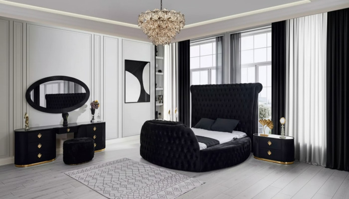 Bedroom black set bed 2x nightstands dressing table Chesterfield 5-piece