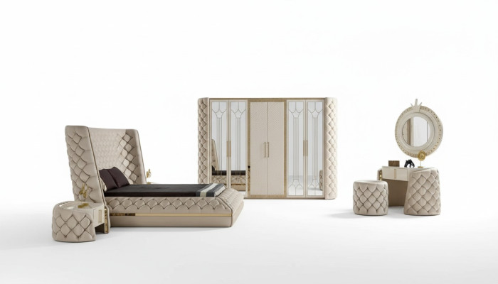 Bedroom set Chesterfield furniture design bed wardrobe mirror 7-piece.