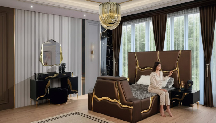 Luxury bedroom set bed nightstand gold dressing table nightstands 5-piece set