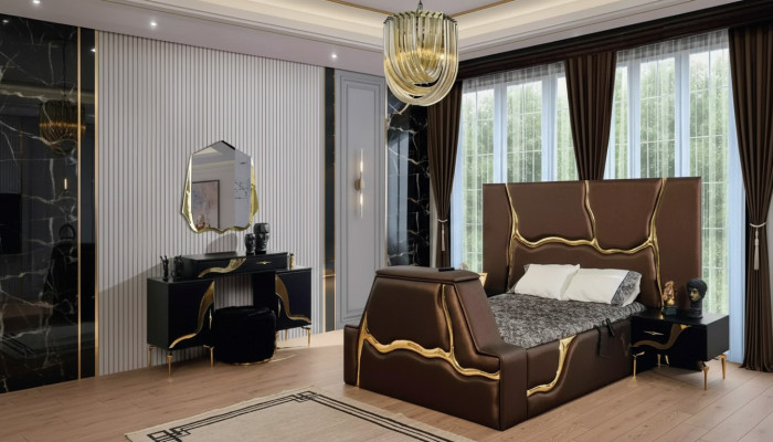 Luxury bedroom set bed nightstand gold dressing table nightstands 5-piece set