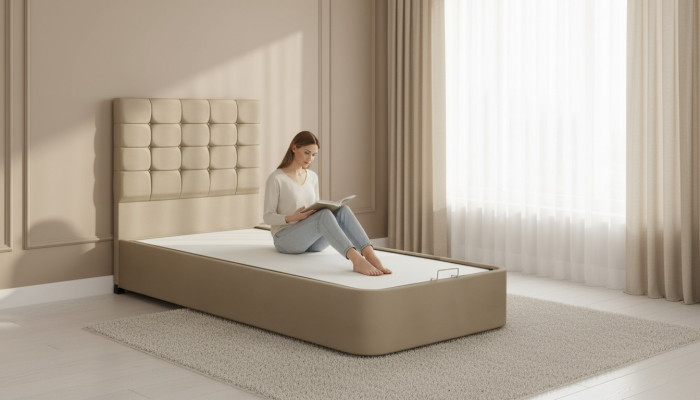 Luxurious designer bed with mattress from a European furniture manufacturer for the bedroom.