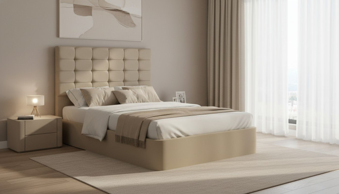 Luxurious designer bed with mattress from a European furniture manufacturer for the bedroom.