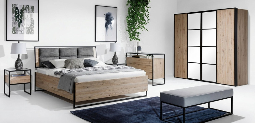 Bedroom set beige bed 2x nightstands dresser wardrobe new 5-piece.