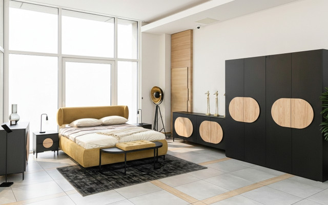 Bedroom set: bed, 2x nightstands, 2x dressers, wardrobe, stool, 7 pieces.
