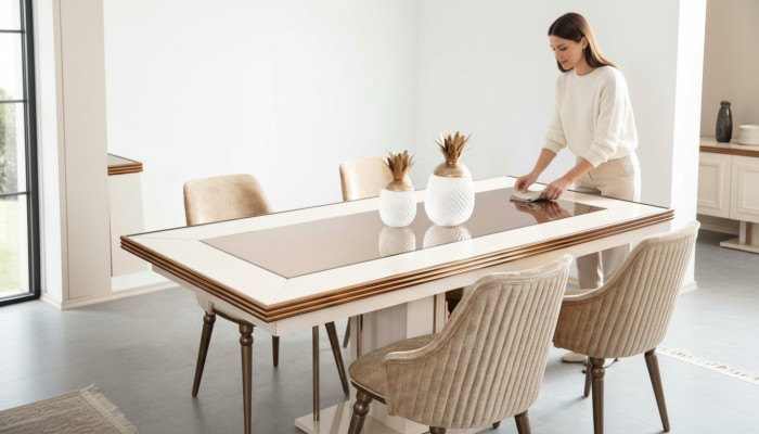 Luxury dining table beige glass table wooden table designer tables kitchen