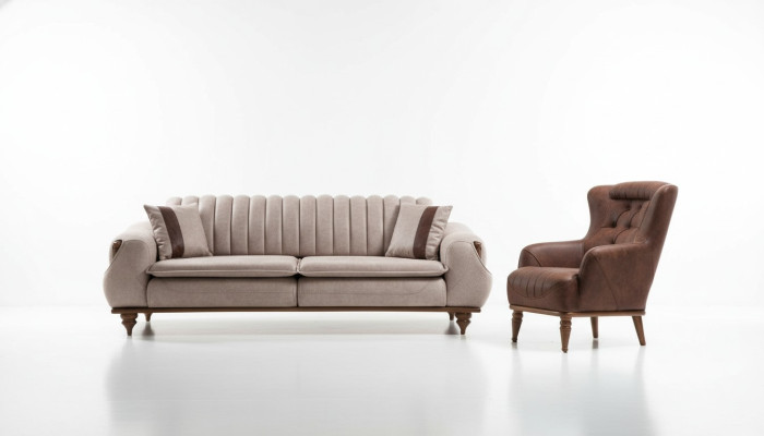 Designer sofa set 3+1 seat coffee table sofa cover fabric brown wood