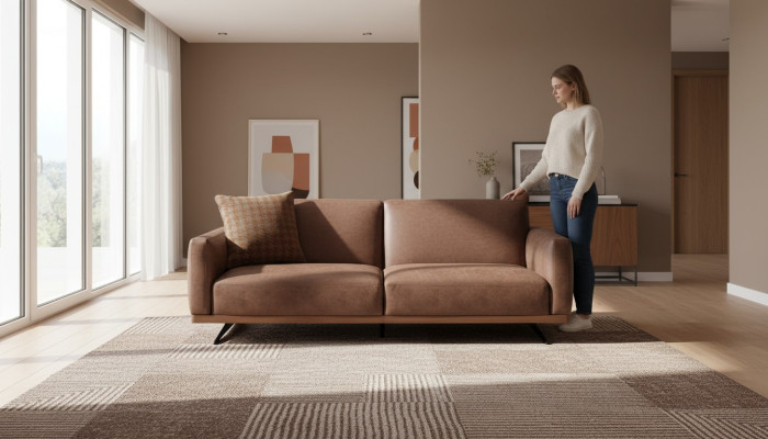 Modern leather sofa, 3-seater, design couch living area, brown.