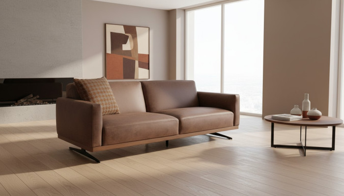 Modern leather sofa, 3-seater, design couch living area, brown.