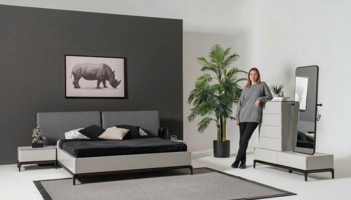Modern black and white bedroom set (bed, two nightstands, dresser with mirror)