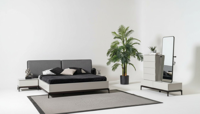 Modern black and white bedroom set (bed, two nightstands, dresser with mirror)