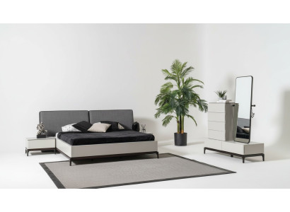 Modern black and white bedroom set (bed, two nightstands, dresser with mirror)