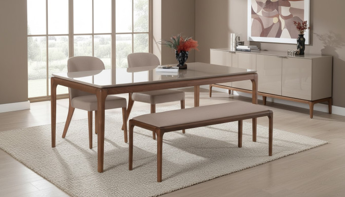 Dining Group Dining Room Set Bench 4x Chairs Table Furniture Beige 6-piece set