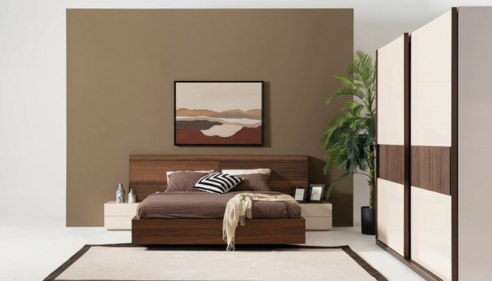 Stylish modern bed with two natural wood nightstands