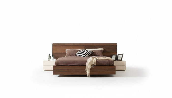 Stylish modern bed with two natural wood nightstands