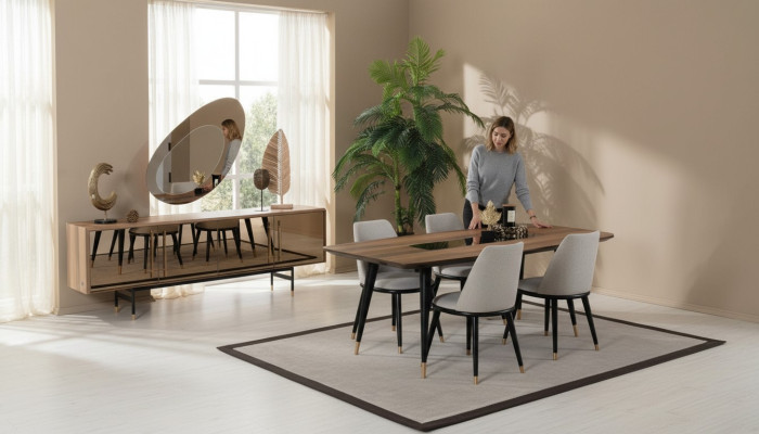 Dining Room Set Table 4x Chairs Sideboard Mirror Suite Design New 7-piece Set