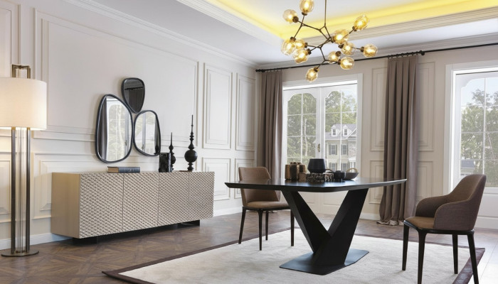 Dining table, table, 4x chairs, sideboard, mirror, 7-piece design set ensemble